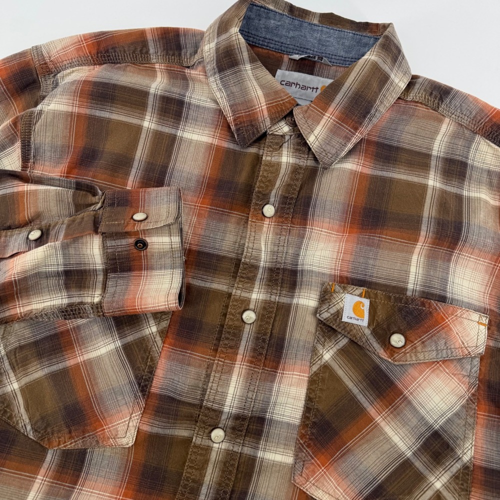 Carhartt Plaid Shirt Mens Medium Brown Orange Relaxed Fit‎ Pearl Snap Front